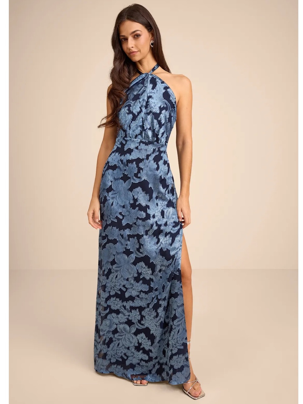 Lulus Indra Navy Blue Floral Burnout Backless Tie-Neck Halter Chiffon Maxi Dress